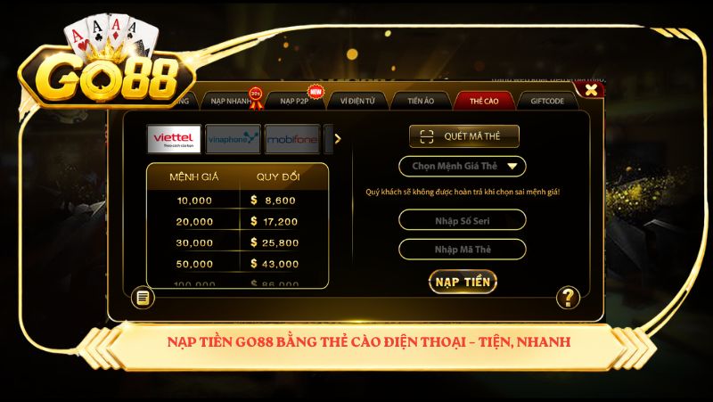 Nạp bằng thẻ cào điện thoại – tiện, nhanh, không cần tài khoản ngân hàng