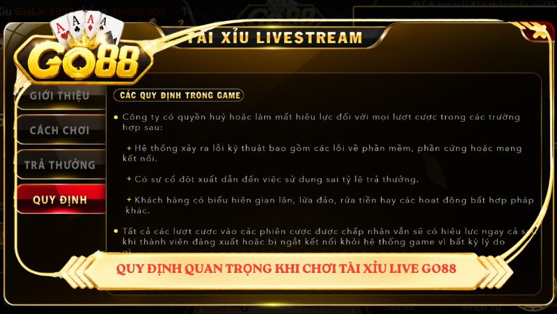 Quy định quan trọng khi chơi Tài xỉu live GO88